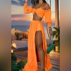 Sunset Beach Classy Off Shoulder Top Plunging Slit Maxi Skirt Sexy Under Shorts